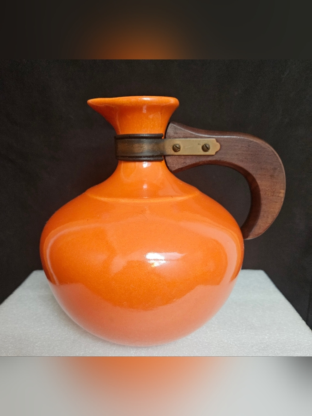 Vintage MCM Bauer Pottery Coffee Carafe w/Wood Handle 8” Orange